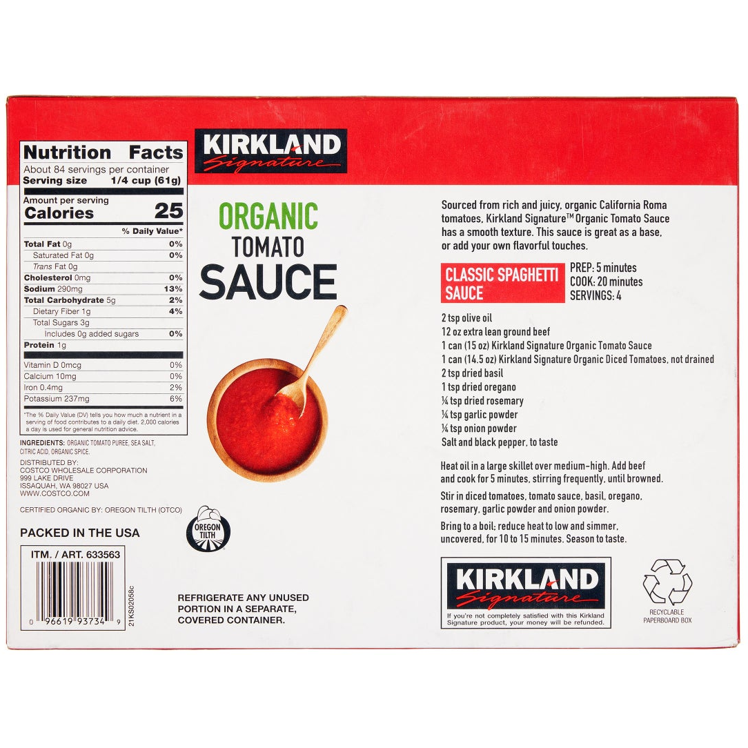 Kirkland Signature, Organic Tomato Sauce, 15 oz, 12-Count