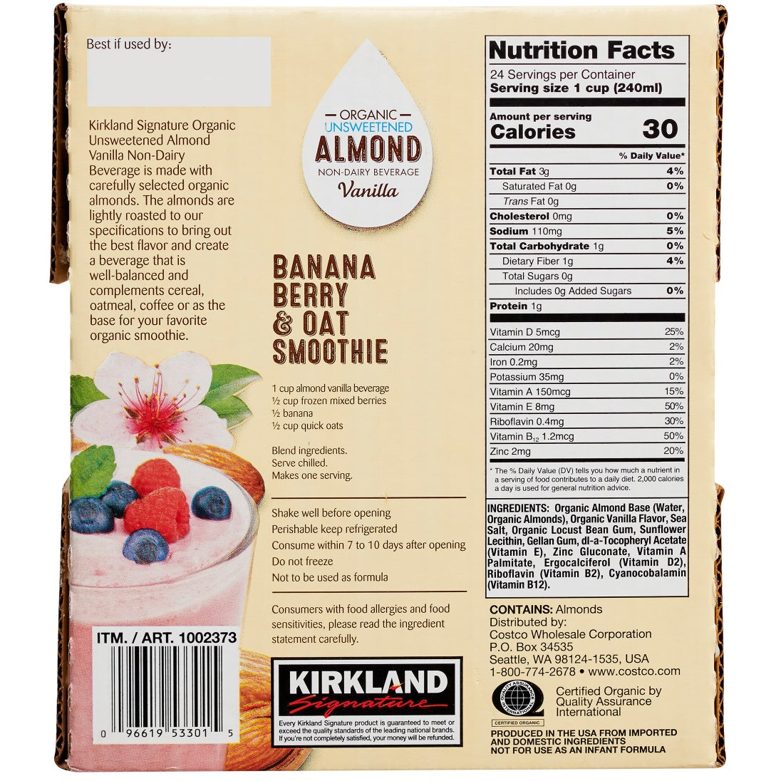 Kirkland Signature, Organic Almond Beverage, Vanilla, 32 fl oz, 6-Count