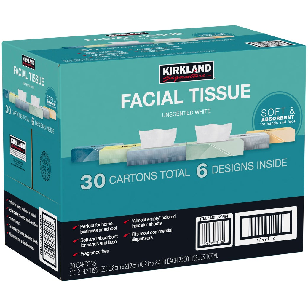 Kirkland Signature Facial Tissue, 2-Ply, 110-count, 30-pack