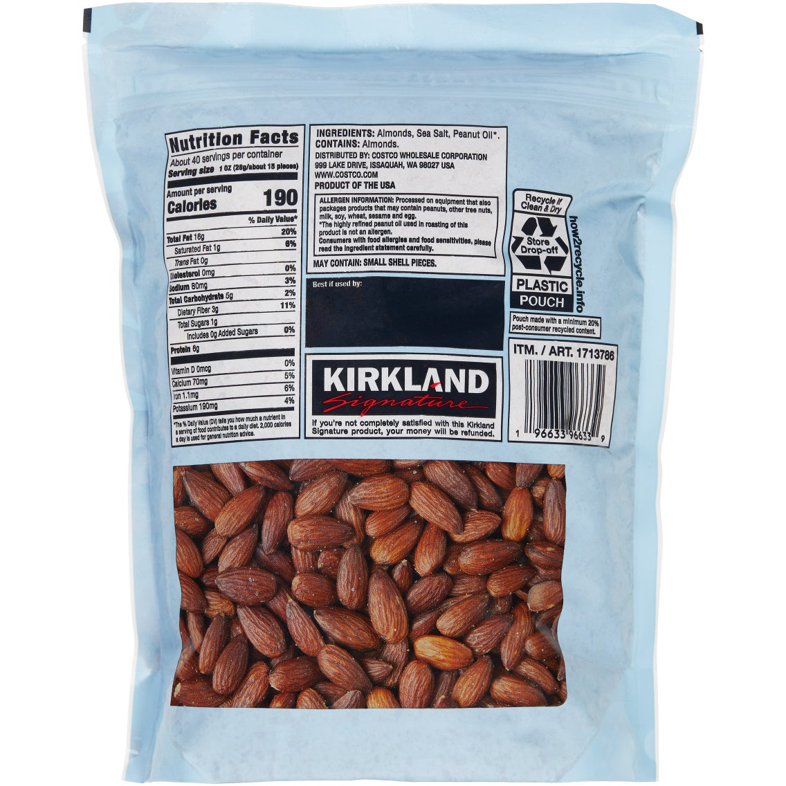 Kirkland Signature Roasted Almonds, Sea Salt, 2.5 lbs