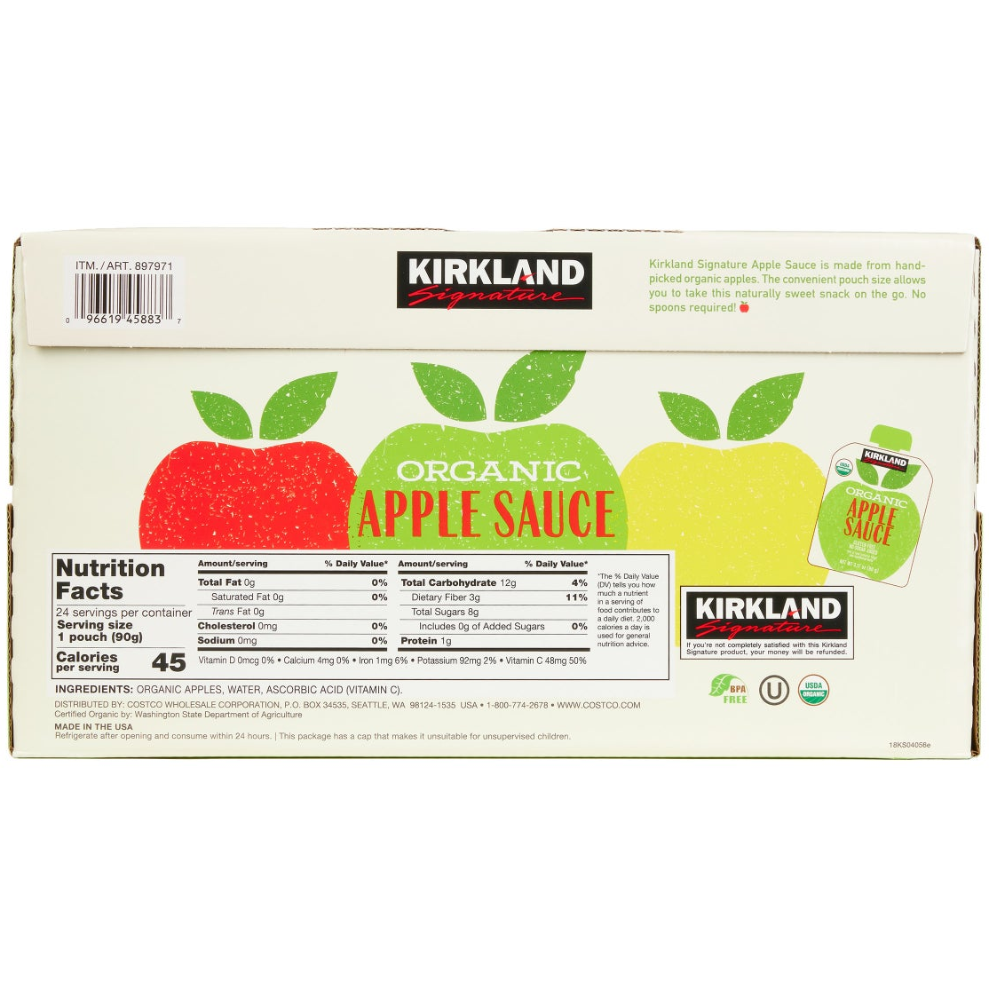 Kirkland Signature, Organic Applesauce, 3.17 oz, 24-Count