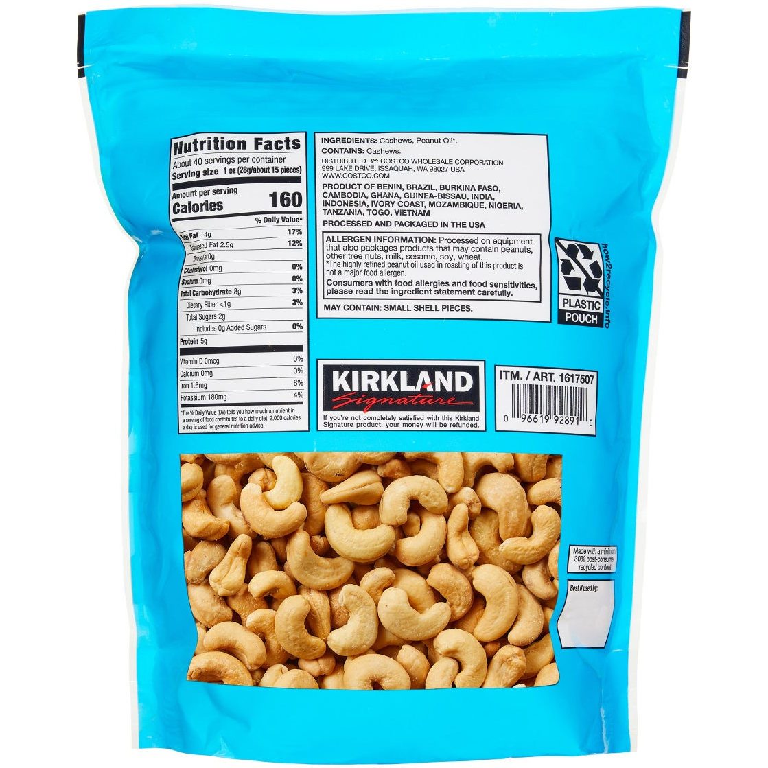 Kirkland Signature Fancy Whole Cashews, Unsalted, 2.5 lbs