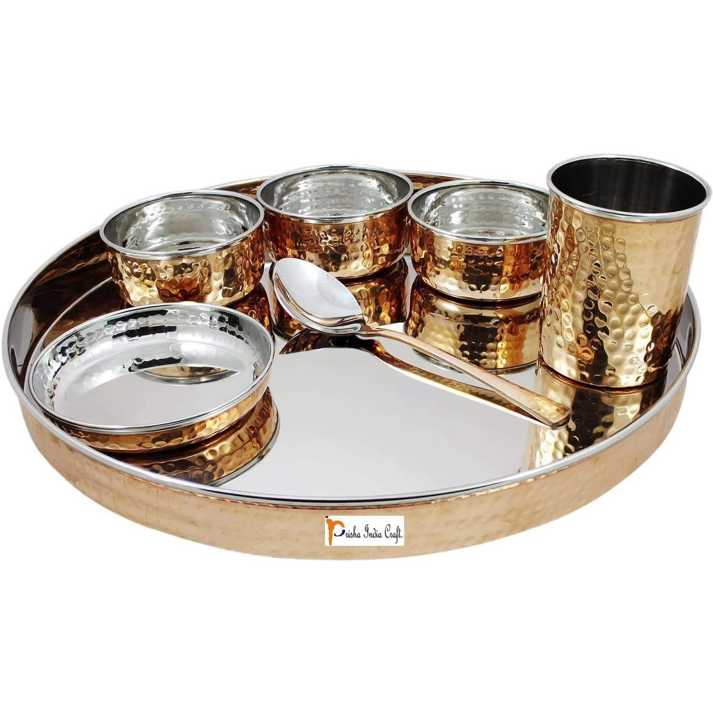 Prisha India Craft Dinnerare Stainless Steel Copper Traditional Dinner Set Of Thali Plate, Bols, Glass And Spoon, Diameter 13 Inch