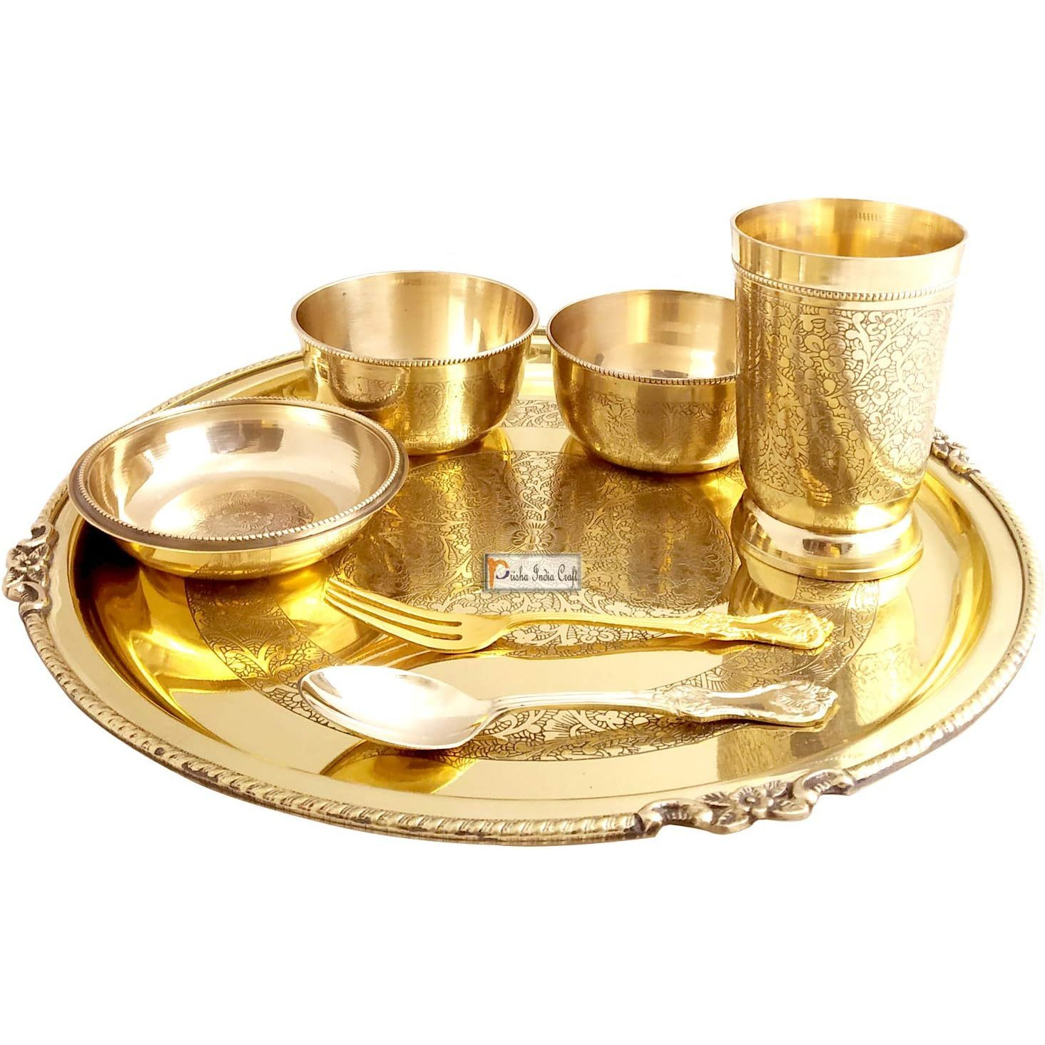 Prisha India Craft Embossed Design Pure Brass Dinner Thali Set, Dinnerware & Serveware, 7 Pieces (Gold)