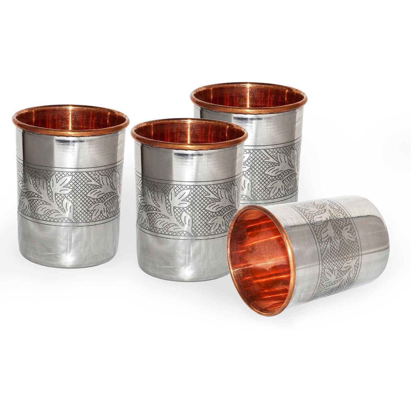 Set of 4 - Prisha India Craft B. Handmade Water Glass Copper Tumbler  Inside Stainless Steel | Traveller's Copper Cup