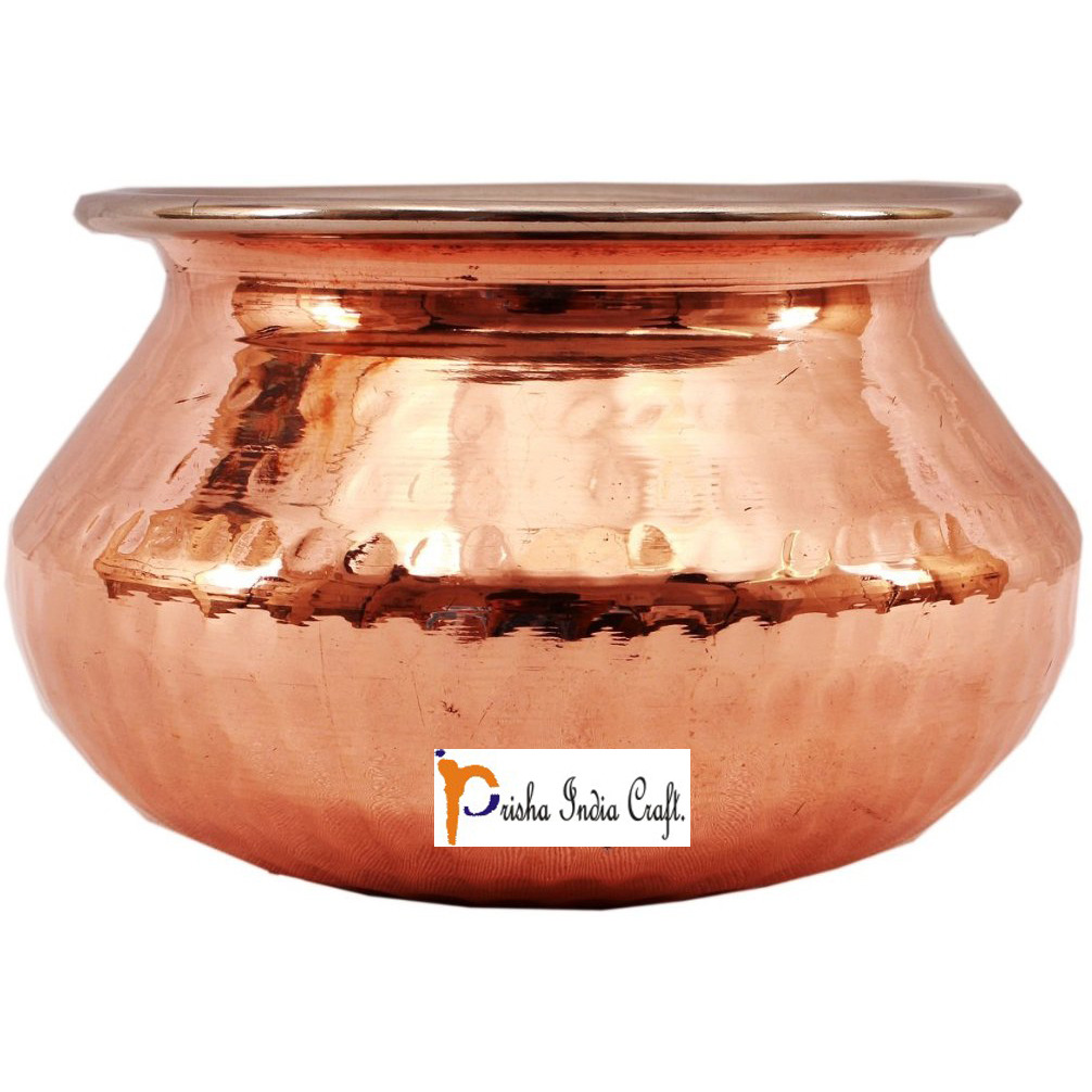 Set of 2 Prisha India Craft B. High Quality Handmade Steel Copper Casserole - Copper Serving Handi Bowl - Copper Serveware Dishes Bowl Dia - 6.5  X Height - 4.50  - Christmas Gift