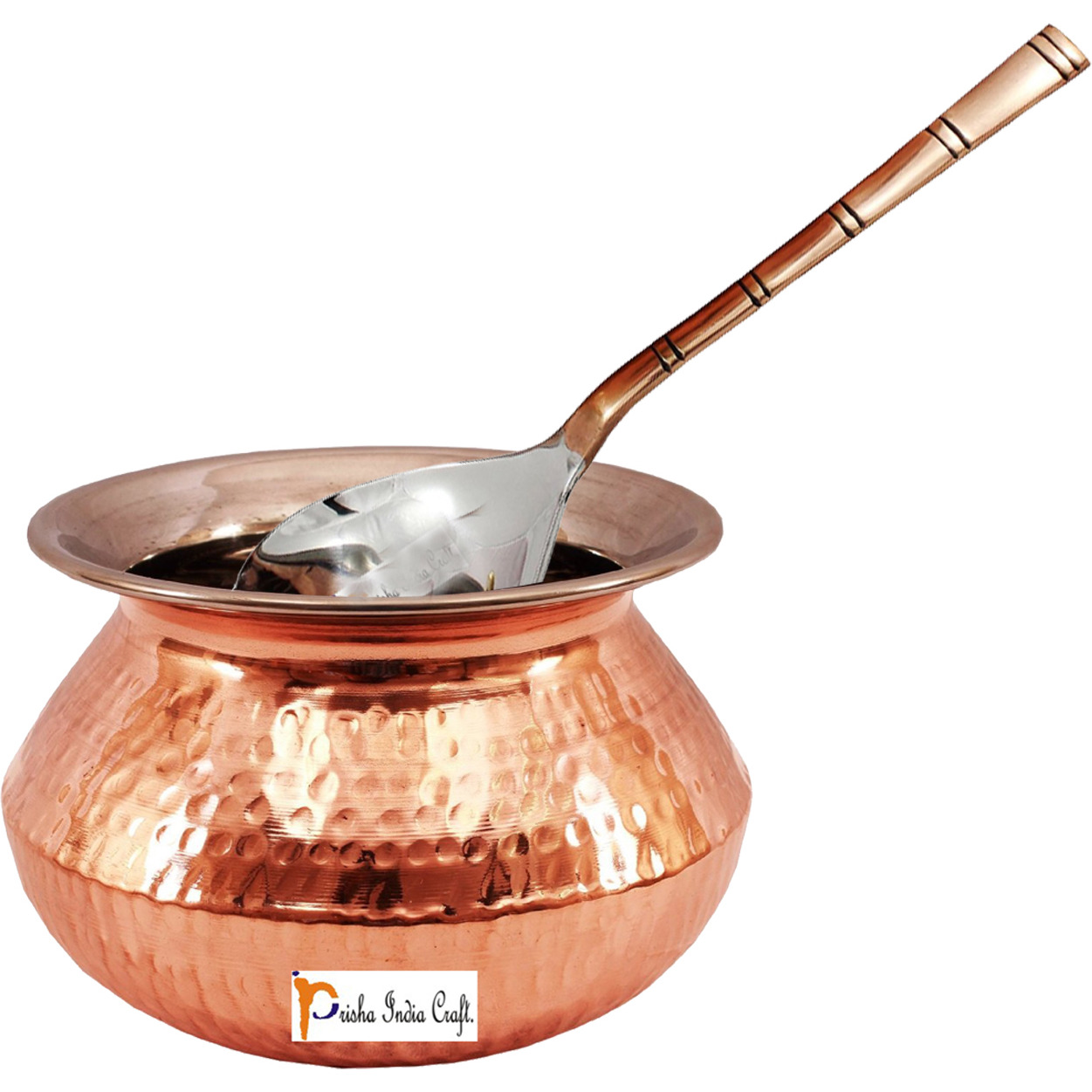 Prisha India Craft B. High Quality Handmade Steel Copper Casserole and Serving Spoon - Set of Copper Handi and Serving Spoon - Copper Bowl Dia - 5  X Height - 3.25  - Christmas Gift