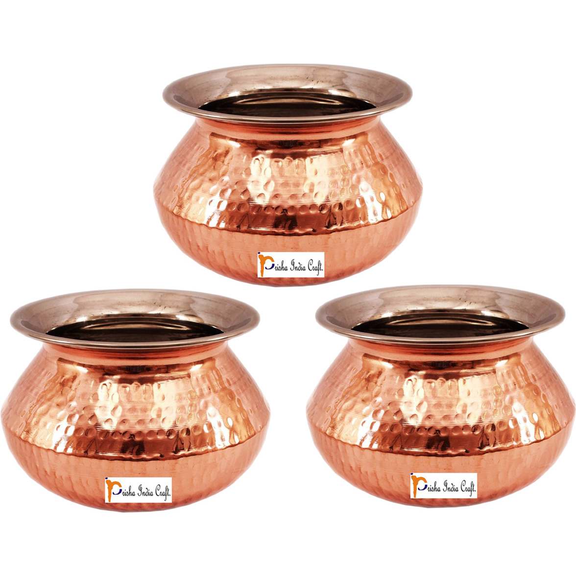 Set of 3 Prisha India Craft B. High Quality Handmade Steel Copper Casserole and Serving Spoon - Set of Copper Handi and Serving Spoon - Copper Bowl Dia - 5  X Height - 3.25  - Christmas Gift