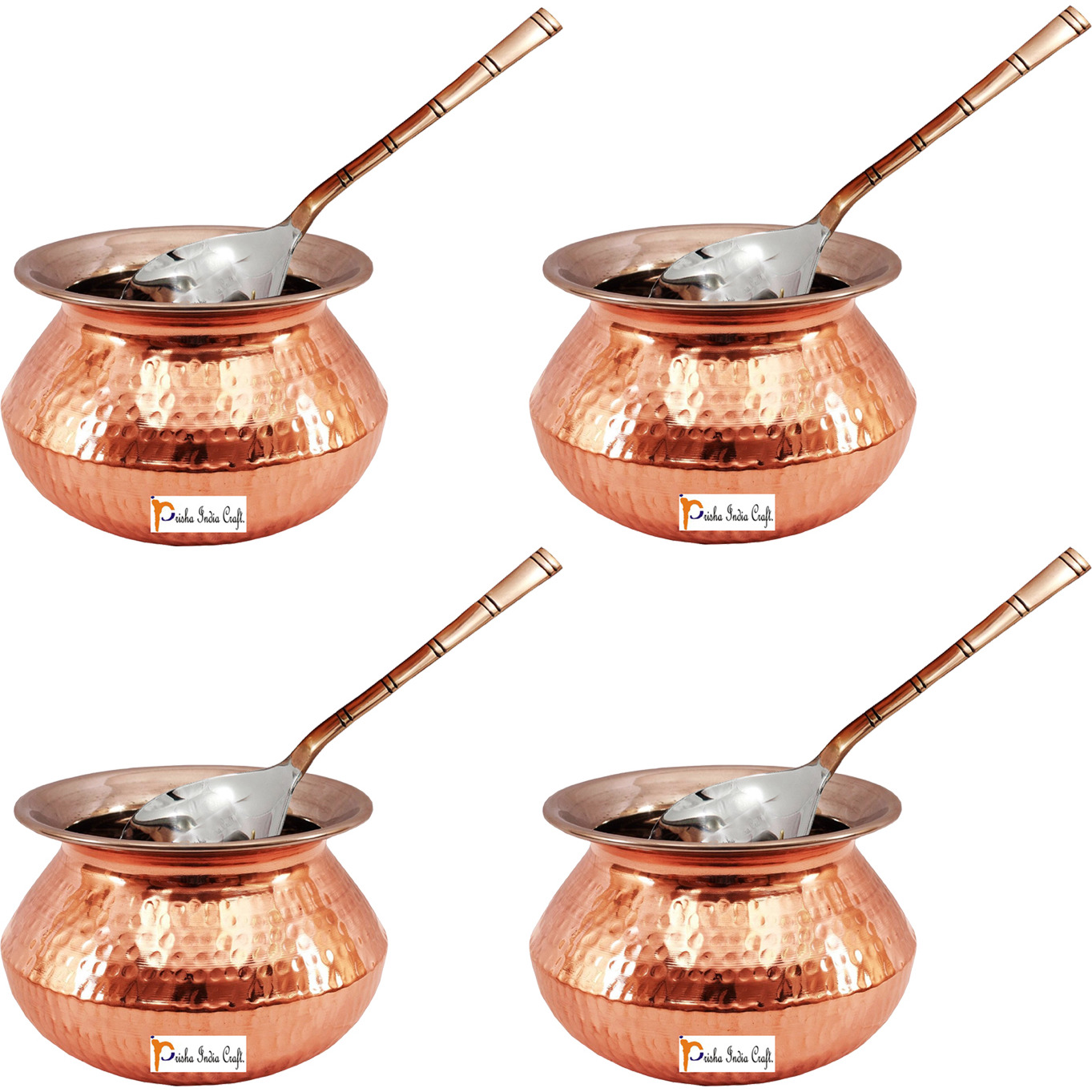 Set of 4 Prisha India Craft B. High Quality Handmade Steel Copper Casserole and Serving Spoon - Set of Copper Handi and Serving Spoon - Copper Bowl Dia - 5.5  X Height - 3.50  - Christmas Gift