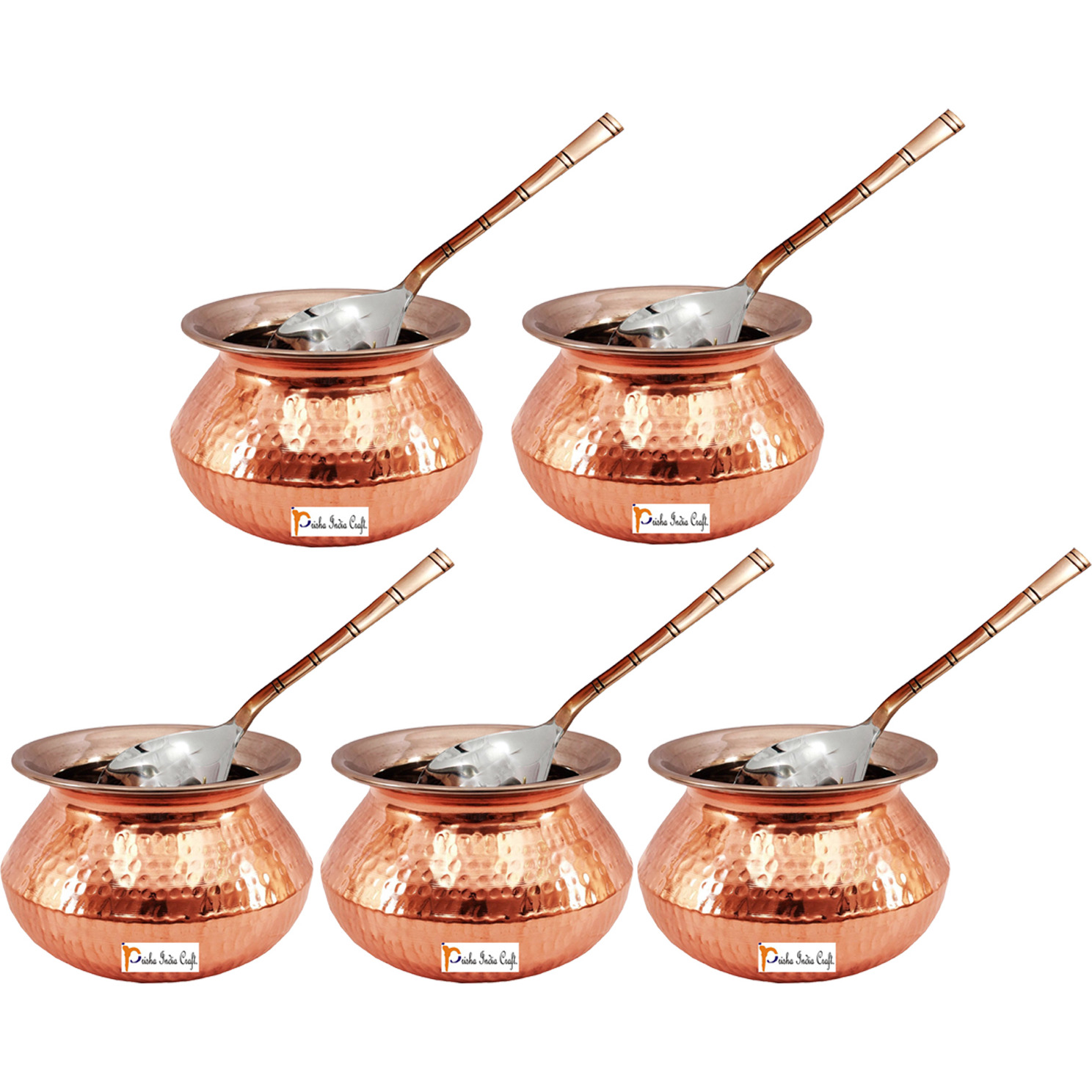 Set of 5 Prisha India Craft B. High Quality Handmade Steel Copper Casserole and Serving Spoon - Set of Copper Handi and Serving Spoon - Copper Bowl Dia - 5.5  X Height - 3.50  - Christmas Gift