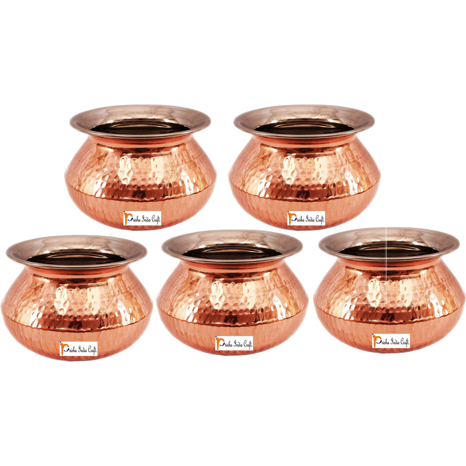 Set of 5 Prisha India Craft B. High Quality Handmade Steel Copper Casserole and Serving Spoon - Set of Copper Handi and Serving Spoon - Copper Bowl Dia - 5.5  X Height - 3.50  - Christmas Gift