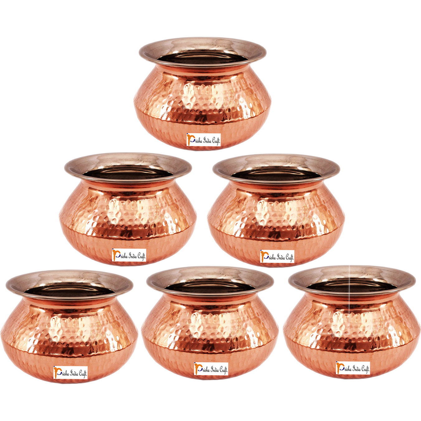 Set of 6 Prisha India Craft B. High Quality Handmade Steel Copper Casserole and Serving Spoon - Set of Copper Handi and Serving Spoon - Copper Bowl Dia - 5.5  X Height - 3.50  - Christmas Gift