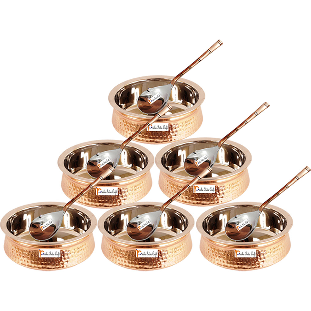 Set of 6 Prisha India Craft B. High Quality Handmade Steel Copper Casserole and Serving Spoon - Set of Copper Handi and Serving Spoon - Copper Bowl Dia - 5.00  X Height - 2.00  - Christmas Gift