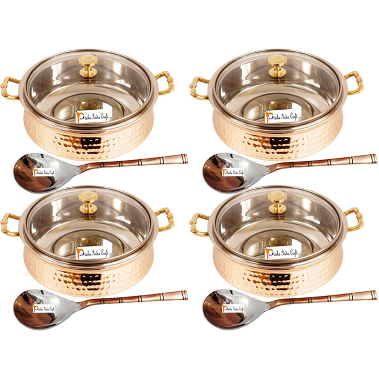 Set of 4 Prisha India Craft B. High Quality Handmade Steel Copper Casserole with Lid and Serving Spoon - Set of Copper Handi and Serving Spoon - Bowl Dia - 5.00  X Height - 2.25  - Christmas Gift