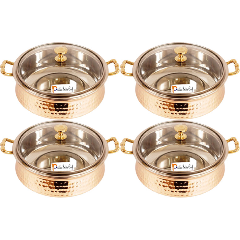 Set of 4 Prisha India Craft B. High Quality Handmade Steel Copper Casserole with Lid and Serving Spoon - Set of Copper Handi and Serving Spoon - Bowl Dia - 5.00  X Height - 2.25  - Christmas Gift