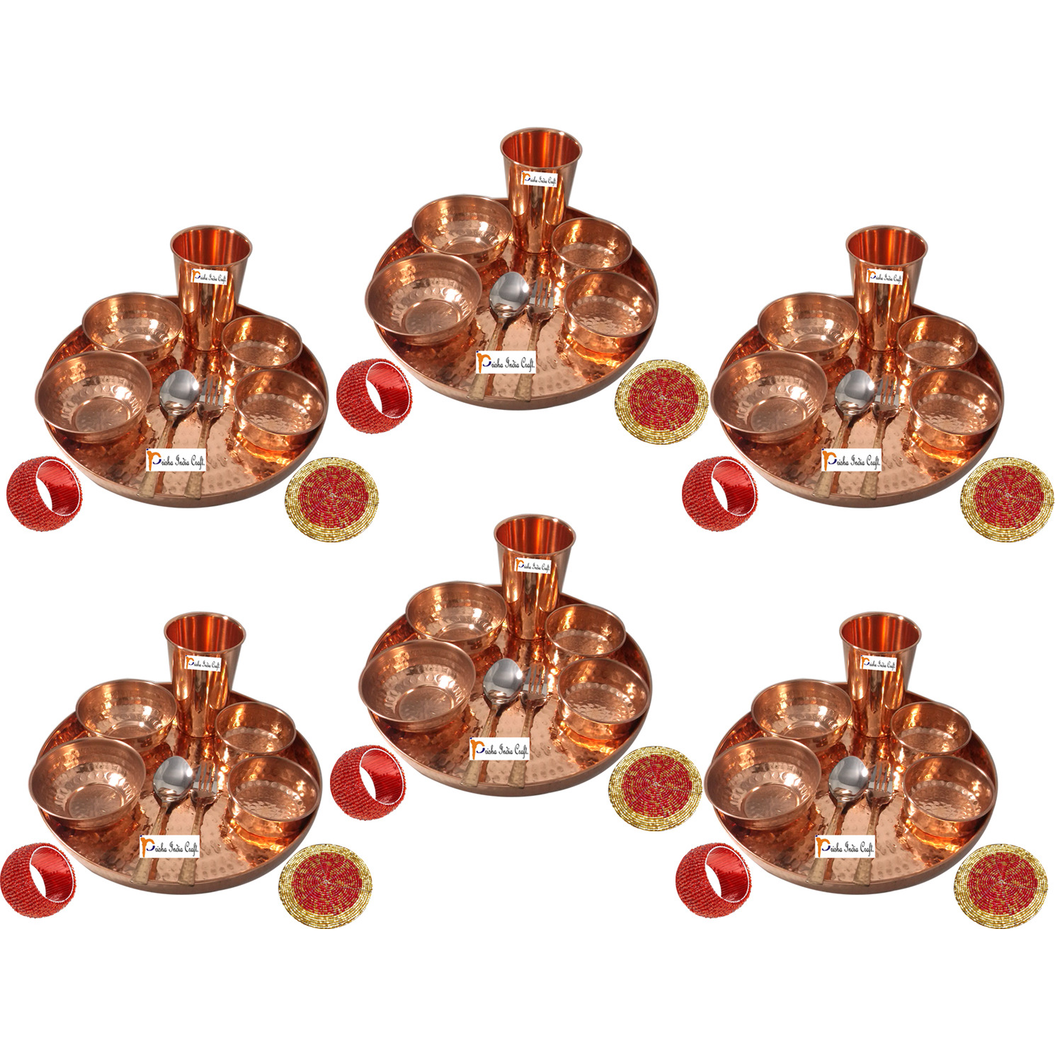 Set of 6 Prisha India Craft B. Indian Dinnerware Pure Copper Dinner Set Dia 12  Traditional Thali Set Dinner Set of Plate, Bowl, Spoons, Glass with Napkin ring and Coaster - Christmas Gift