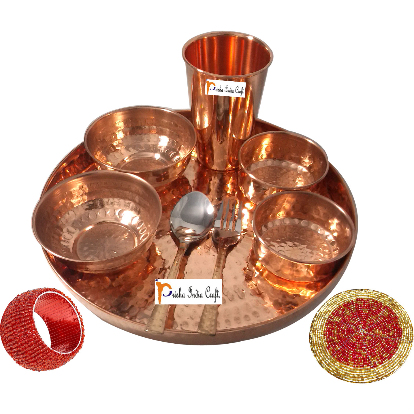 Set of 6 Prisha India Craft B. Indian Dinnerware Pure Copper Dinner Set Dia 12  Traditional Thali Set Dinner Set of Plate, Bowl, Spoons, Glass with Napkin ring and Coaster - Christmas Gift