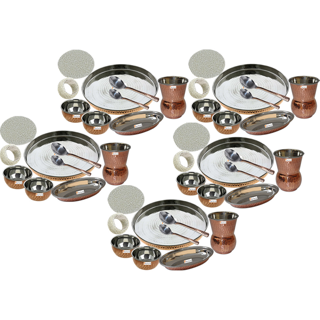 Set of 5 Prisha India Craft B. Dinnerware Steel Copper Thali Set Dia 13  Traditional Dinner Set of Plate, Bowl, Spoons, Glass with Napkin ring and Coaster - Christmas Gift