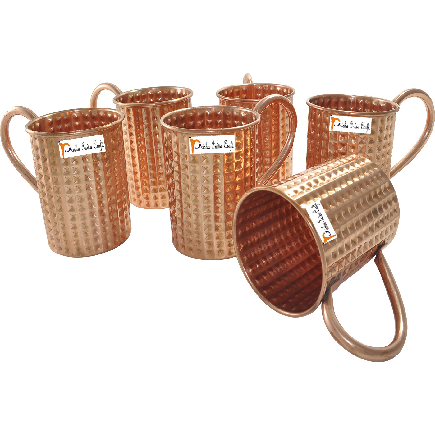 Set of 6 - Prisha India Craft B. Pure Copper Cocktail Moscow Mule Mug Diamond Cut Design 475 ML / 16 oz - 100% pure copper - Lacquered Finish Cup, Moscow Mule Cocktail Cup, Copper Mugs, Cocktail Mugs