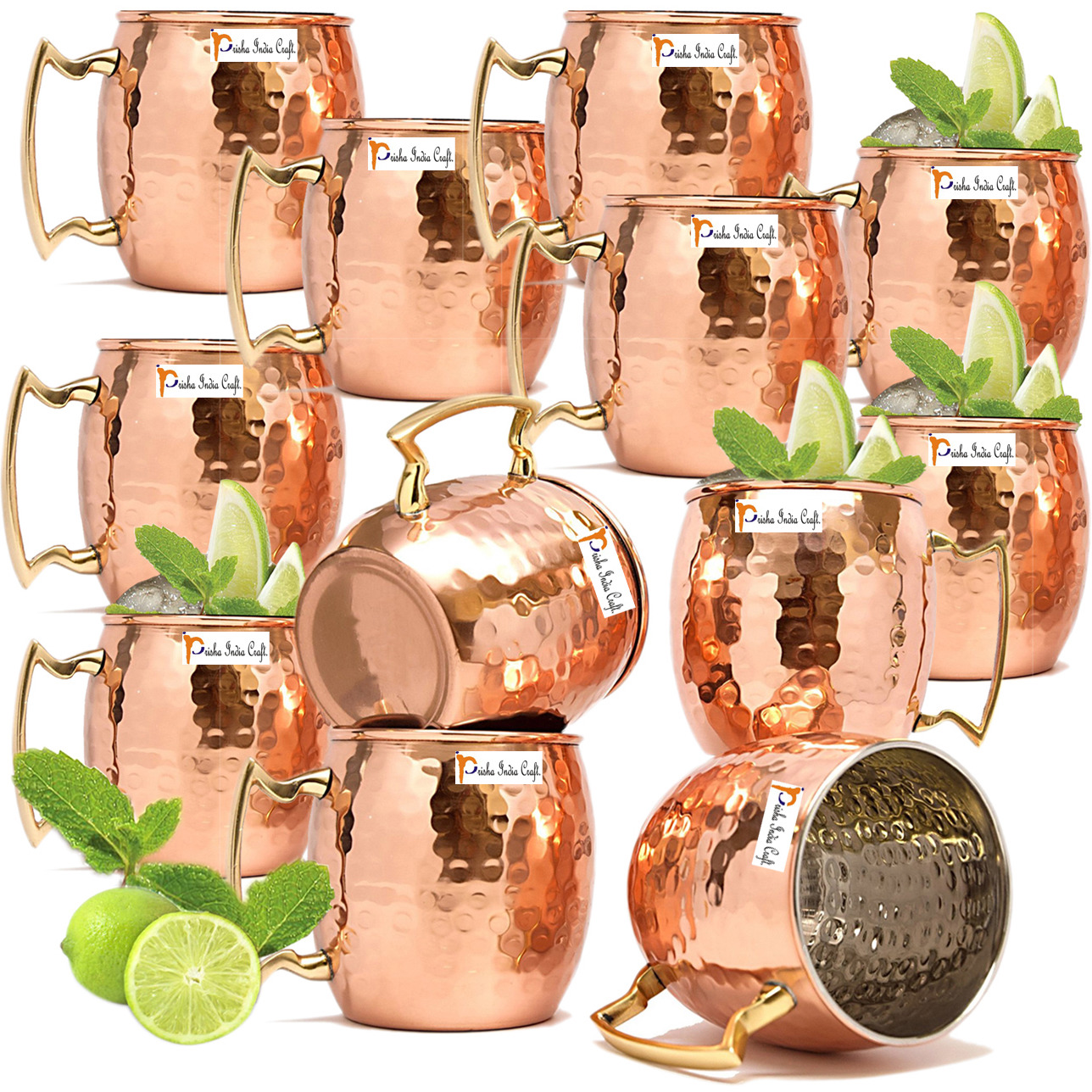 Set of 12 - Prisha India Craft B. Copper Mug for Moscow Mules 560 ML / 18 oz Inside Nickle Hammered Best Quality Lacquered Finish Mule Cup, Moscow Mule Cocktail Cup, Copper Mugs, Cocktail Mugs