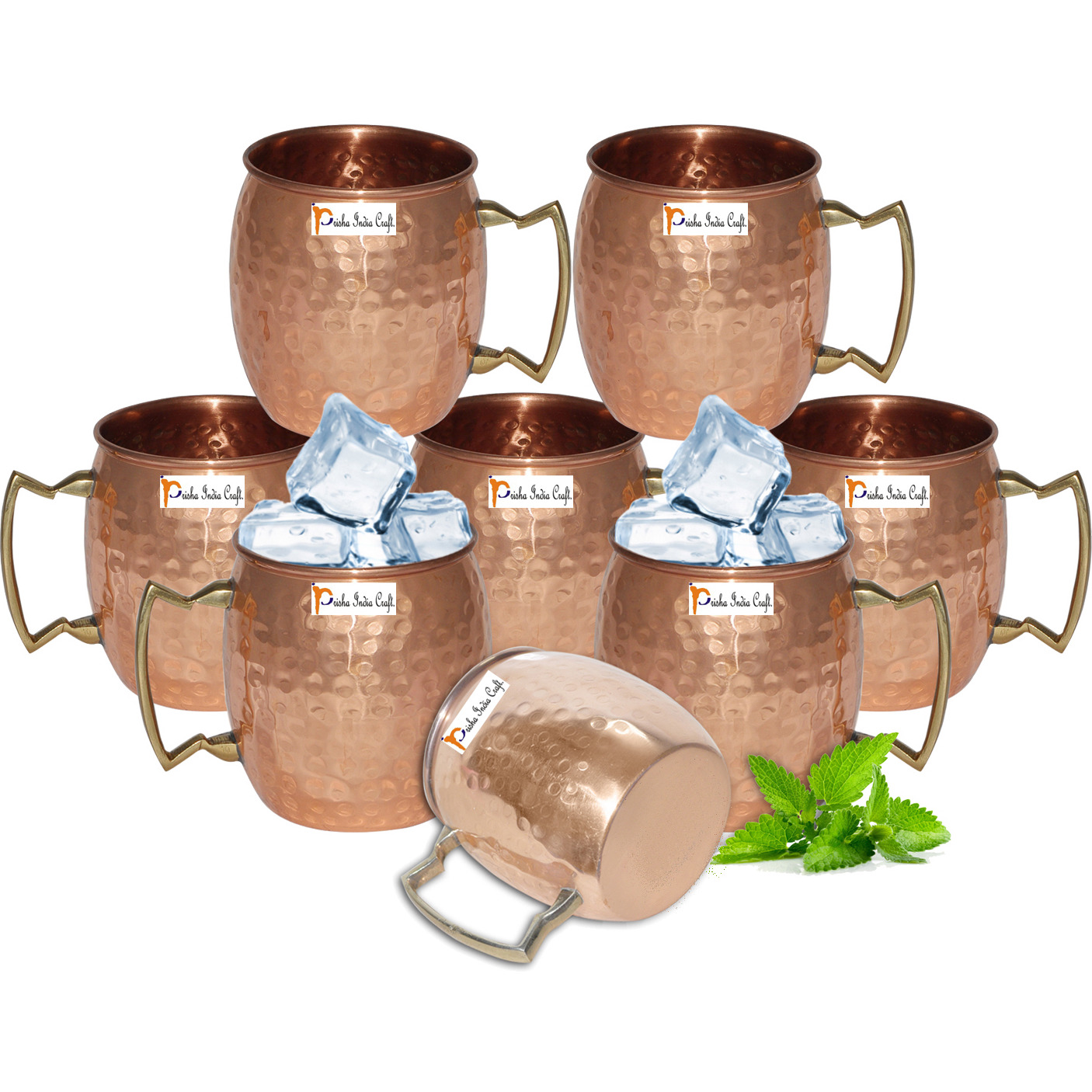 Set of 8 - Prisha India Craft B. Moscow Mule Solid Copper Mug 550 ML / 18 oz - 100% Pure Copper Hammered Best Quality Lacquered Finish, Cocktail Cup, Copper Mugs, Cocktail Mugs with No Inner Linings