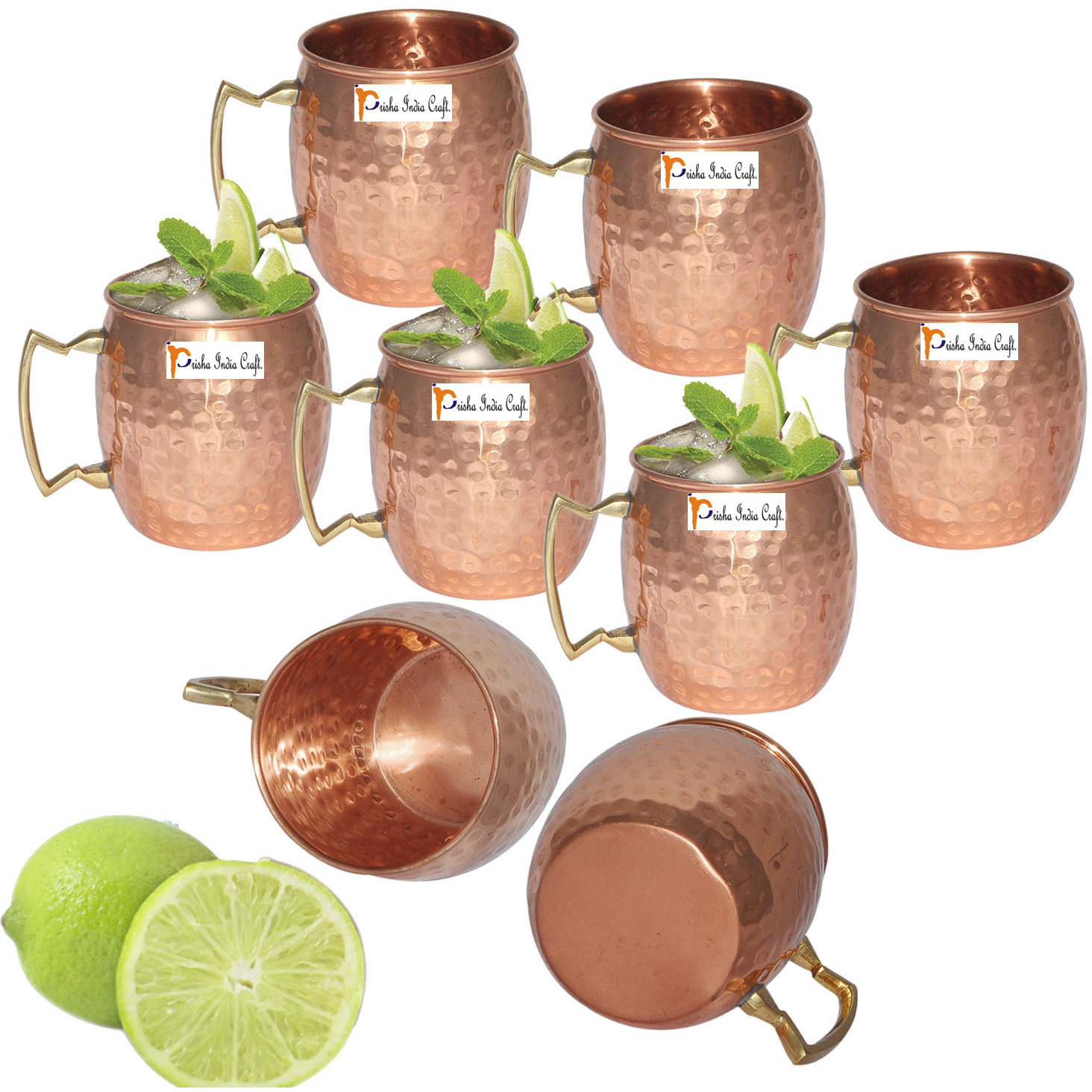 Set of 8 - Prisha India Craft B. Moscow Mule Solid Copper Mug 550 ML / 18 oz - 100% Pure Copper Hammered Best Quality Lacquered Finish, Cocktail Cup, Copper Mugs, Cocktail Mugs with No Inner Linings