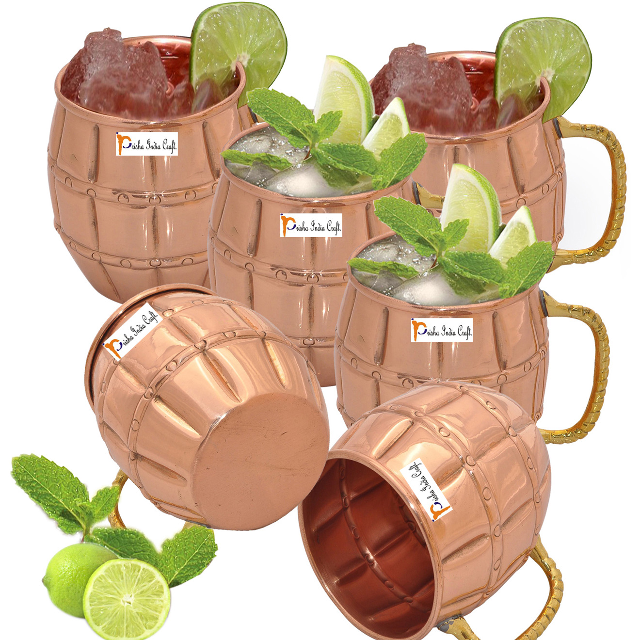 Set of 6 - Prisha India Craft B. Solid Copper Moscow Mule Mug 550 ML / 18 oz 100% Copper Lacquered Finish Best Quality Mule Cup, Moscow Mule Cocktail Cup, Copper Mugs, Cocktail Mugs