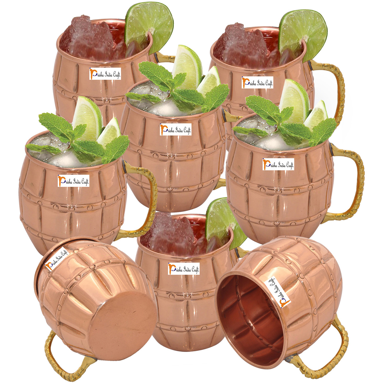 Set of 8 - Prisha India Craft B. Solid Copper Moscow Mule Mug 550 ML / 18 oz 100% Copper Lacquered Finish Best Quality Mule Cup, Moscow Mule Cocktail Cup, Copper Mugs, Cocktail Mugs