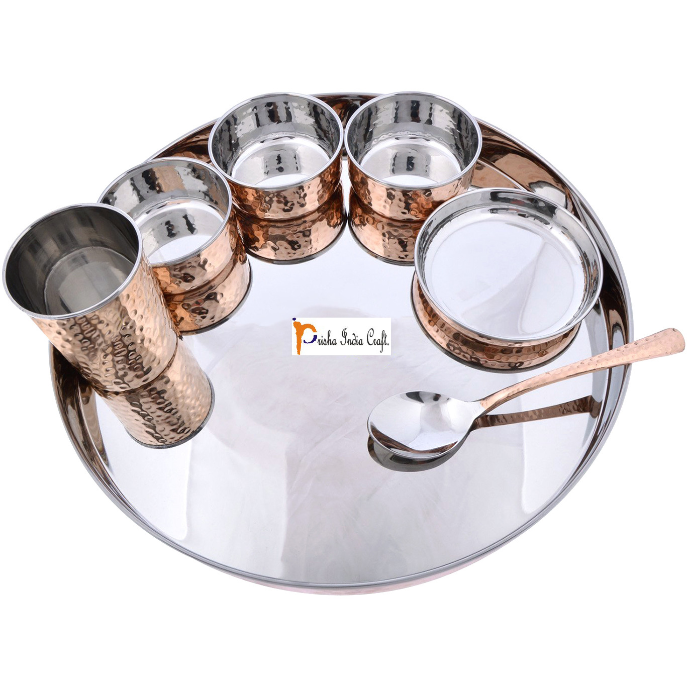 Prisha India Craft B. Set of 2 Dinnerware Traditional Stainless Steel Copper Dinner Set of Thali Plate, Bowls, Glass and Spoon, Dia 13  With 1 Stainless Steel Copper Hammered Pitcher Jug - Christmas Gift