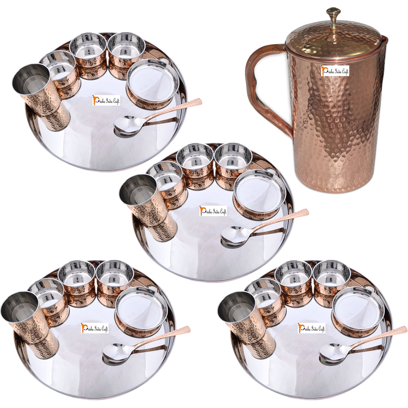 Prisha India Craft B. Set of 4 Dinnerware Traditional Stainless Steel Copper Dinner Set of Thali Plate, Bowls, Glass and Spoon, Dia 13  With 1 Pure Copper Hammered Pitcher Jug - Christmas Gift