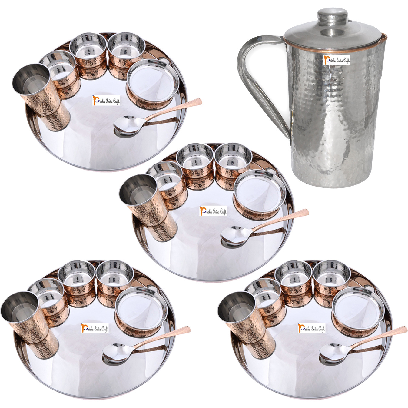 Prisha India Craft B. Set of 4 Dinnerware Traditional Stainless Steel Copper Dinner Set of Thali Plate, Bowls, Glass and Spoon, Dia 13  With 1 Stainless Steel Copper Hammered Pitcher Jug - Christmas Gift