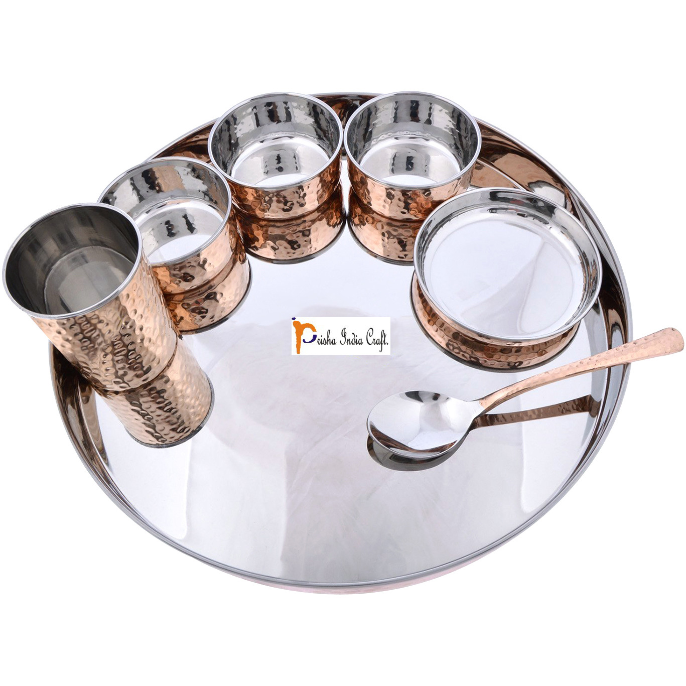 Prisha India Craft B. Set of 5 Dinnerware Traditional Stainless Steel Copper Dinner Set of Thali Plate, Bowls, Glass and Spoon, Dia 13  With 1 Pure Copper Hammered Pitcher Jug - Christmas Gift