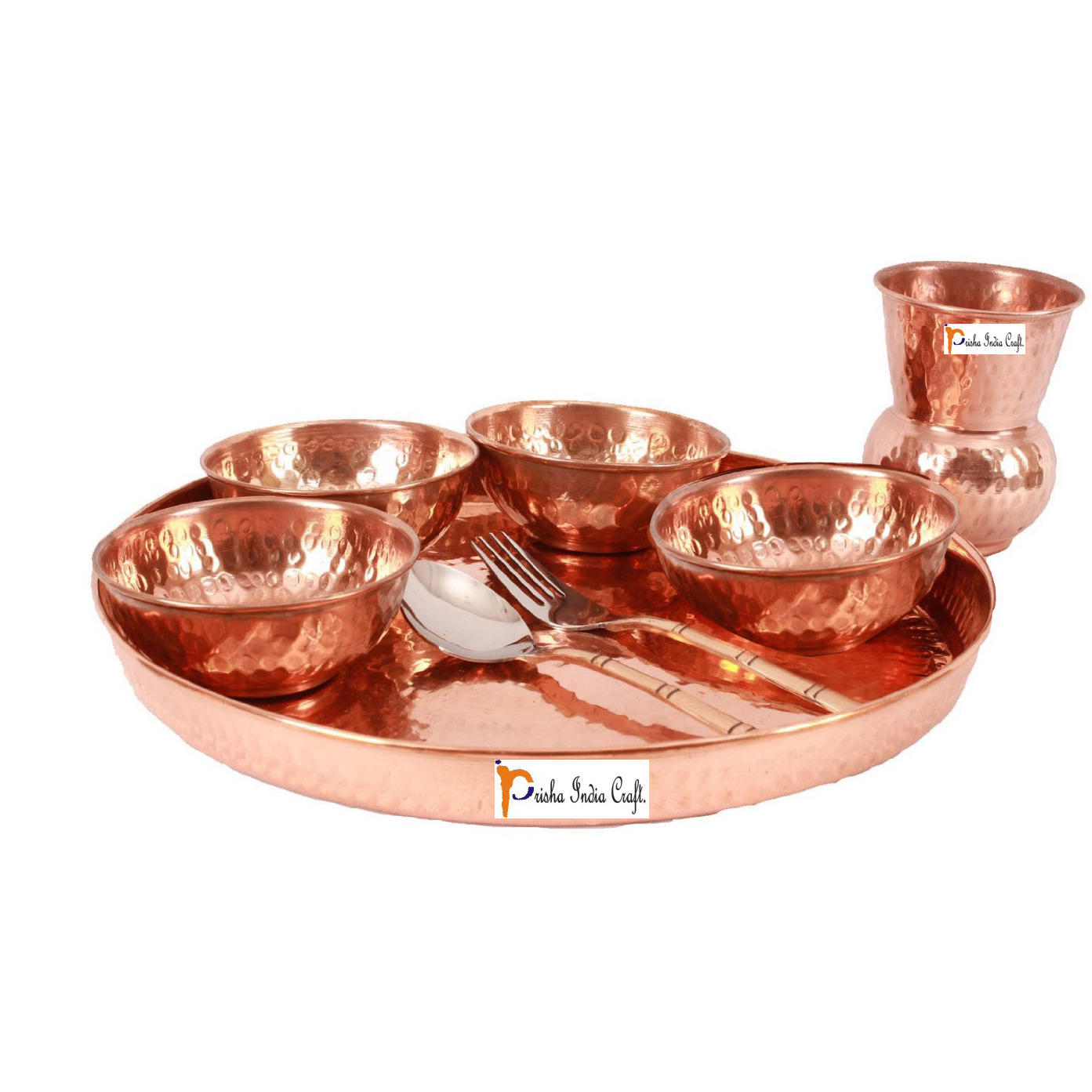 Prisha India Craft B. Dinnerware Traditional 100% Pure Copper Dinner Set of Thali Plate, Bowls, Glass and Spoon, Dia 12  With 1 Luxury Style Stainless Steel Copper Pitcher Jug - Christmas Gift