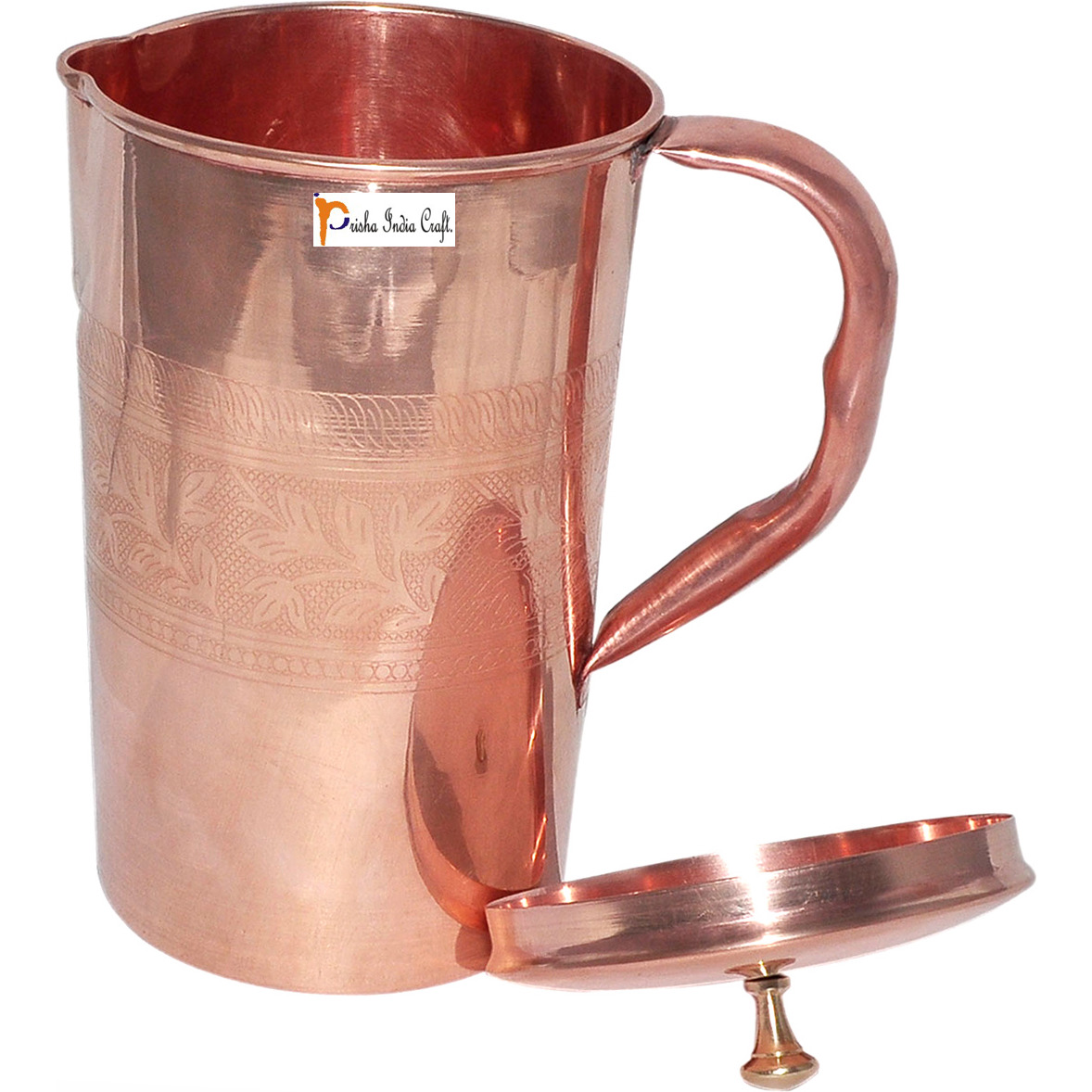 Prisha India Craft B. Set of 3 Dinnerware Traditional 100% Pure Copper Dinner Set of Thali Plate, Bowls, Glass and Spoon, Dia 12  With 1 Pure Copper Embossed Pitcher Jug - Christmas Gift