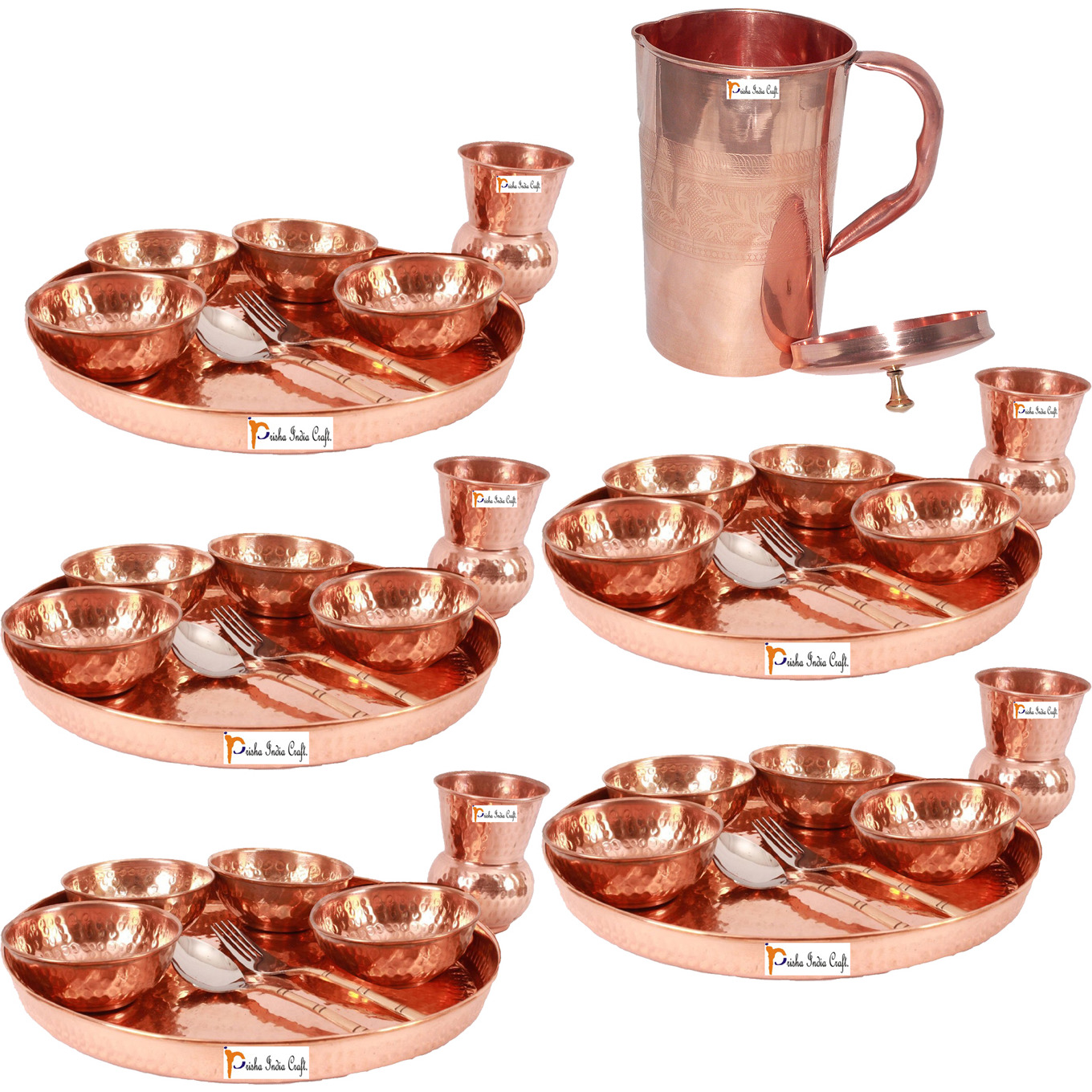 Prisha India Craft Pure Copper Thali Set of Plate, Bowl, Spoon, Fork, Glass, 12-Inch