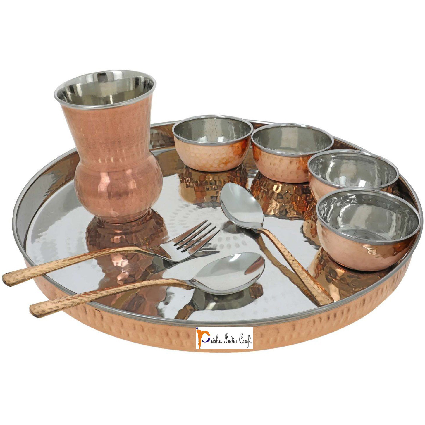 Prisha India Craft B. Set of 2 Dinnerware Traditional Stainless Steel Copper Dinner Set of Thali Plate, Bowls, Glass and Spoons, Dia 13  With 1 Pure Copper Classic Pitcher Jug - Christmas Gift