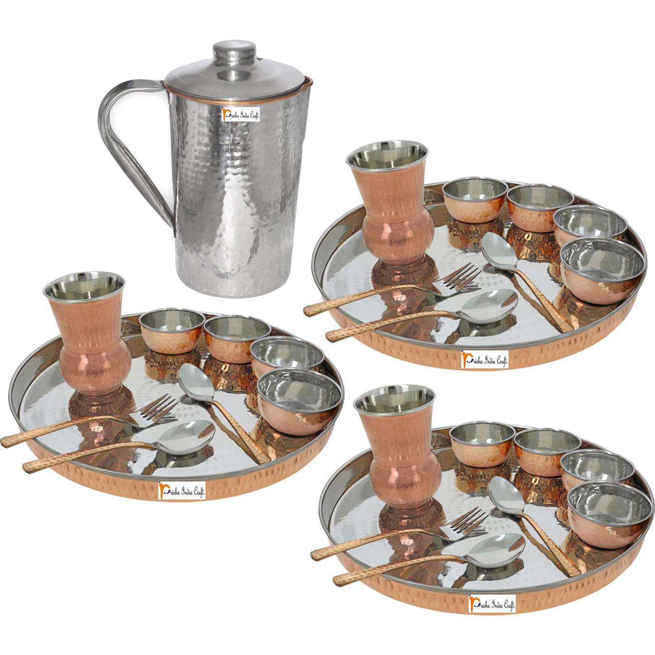 Prisha India Craft B. Set of 3 Dinnerware Traditional Stainless Steel Copper Dinner Set of Thali Plate, Bowls, Glass and Spoons, Dia 13  With 1 Stainless Steel Copper Hammered Pitcher Jug - Christmas Gift