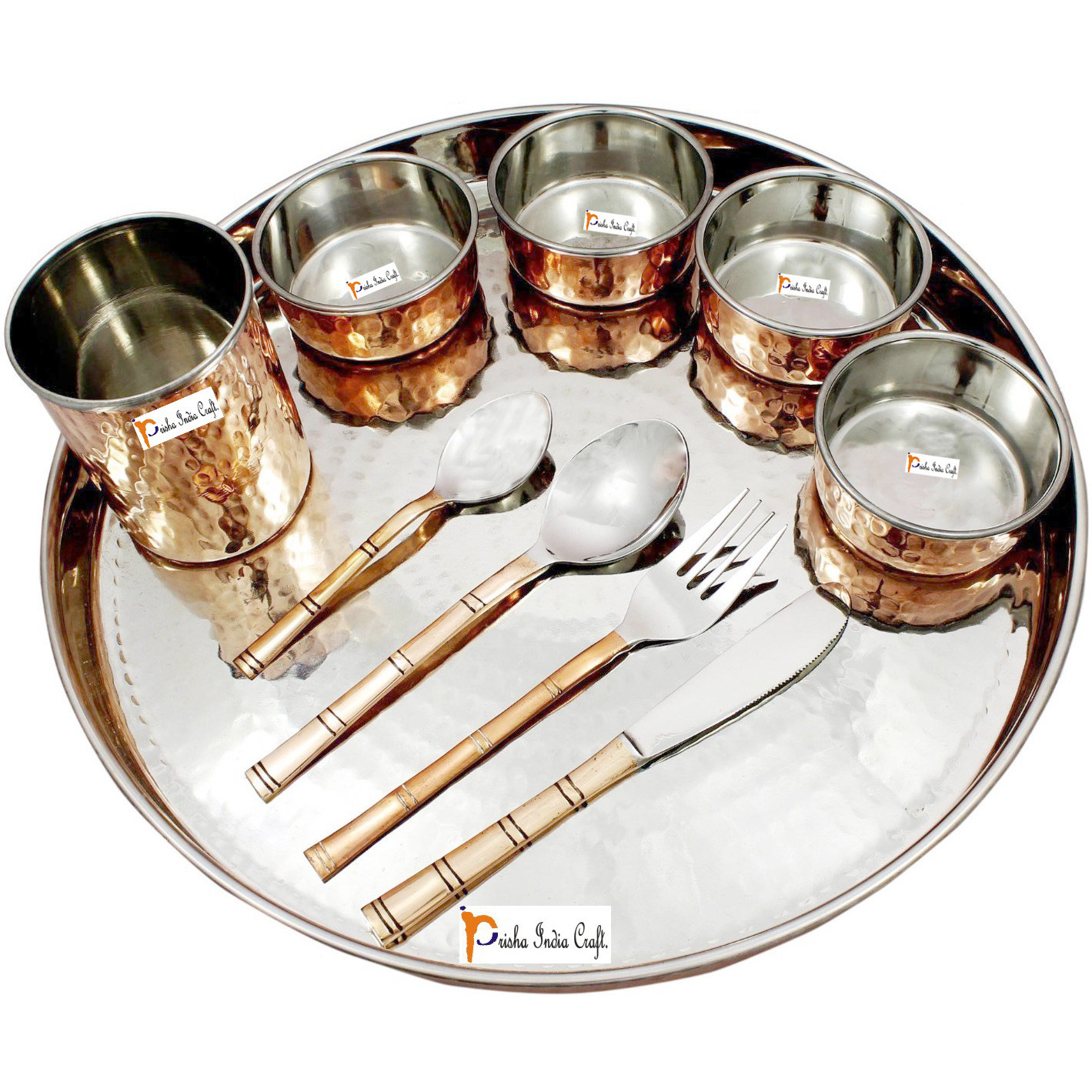 Prisha India Craft B. Set of 4 Dinnerware Traditional Stainless Steel Copper Dinner Set of Thali Plate, Bowls, Glass and Spoons, Dia 13  With 1 Pure Copper Hammered Pitcher Jug - Christmas Gift