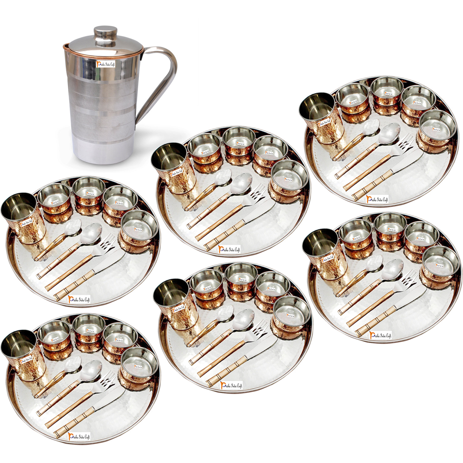 Prisha India Craft B. Set of 6 Dinnerware Traditional Stainless Steel Copper Dinner Set of Thali Plate, Bowls, Glass and Spoons, Dia 13  With 1 Pure Copper Pitcher Jug - Christmas Gift