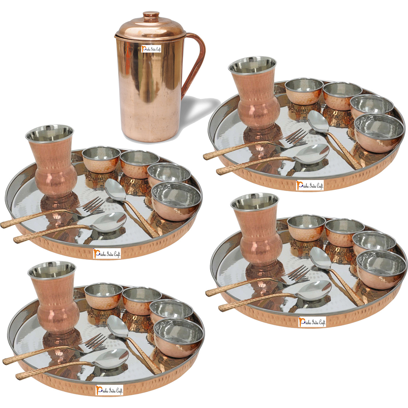 Prisha India Craft B. Set of 4 Dinnerware Traditional Stainless Steel Copper Dinner Set of Thali Plate, Bowls, Glass and Spoons, Dia 13  With 1 Pure Copper Pitcher Jug - Christmas Gift