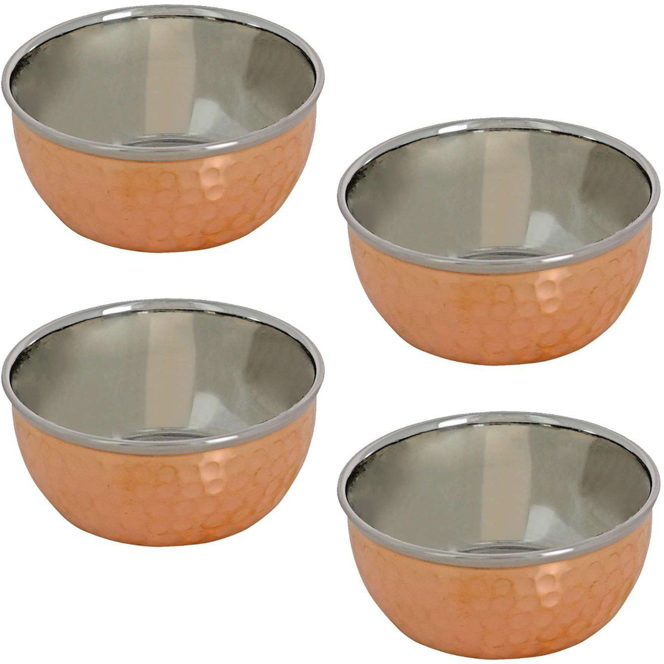 Prisha India Craft B. Set of 4 Dinnerware Traditional Stainless Steel Copper Dinner Set of Thali Plate, Bowls, Glass and Spoons, Dia 13  With 1 Pure Copper Pitcher Jug - Christmas Gift