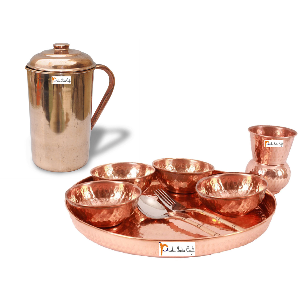 Prisha India Craft B. Dinnerware Traditional 100% Pure Copper Dinner Set of Thali Plate, Bowls, Glass and Spoon, Dia 12  With 1 Pure Copper Pitcher Jug - Christmas Gift