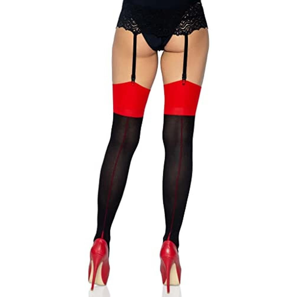 Leg Avenue womens Contrast Top Cuban Heel Backseam Stockings Hosiery, Black/Red, One Size US