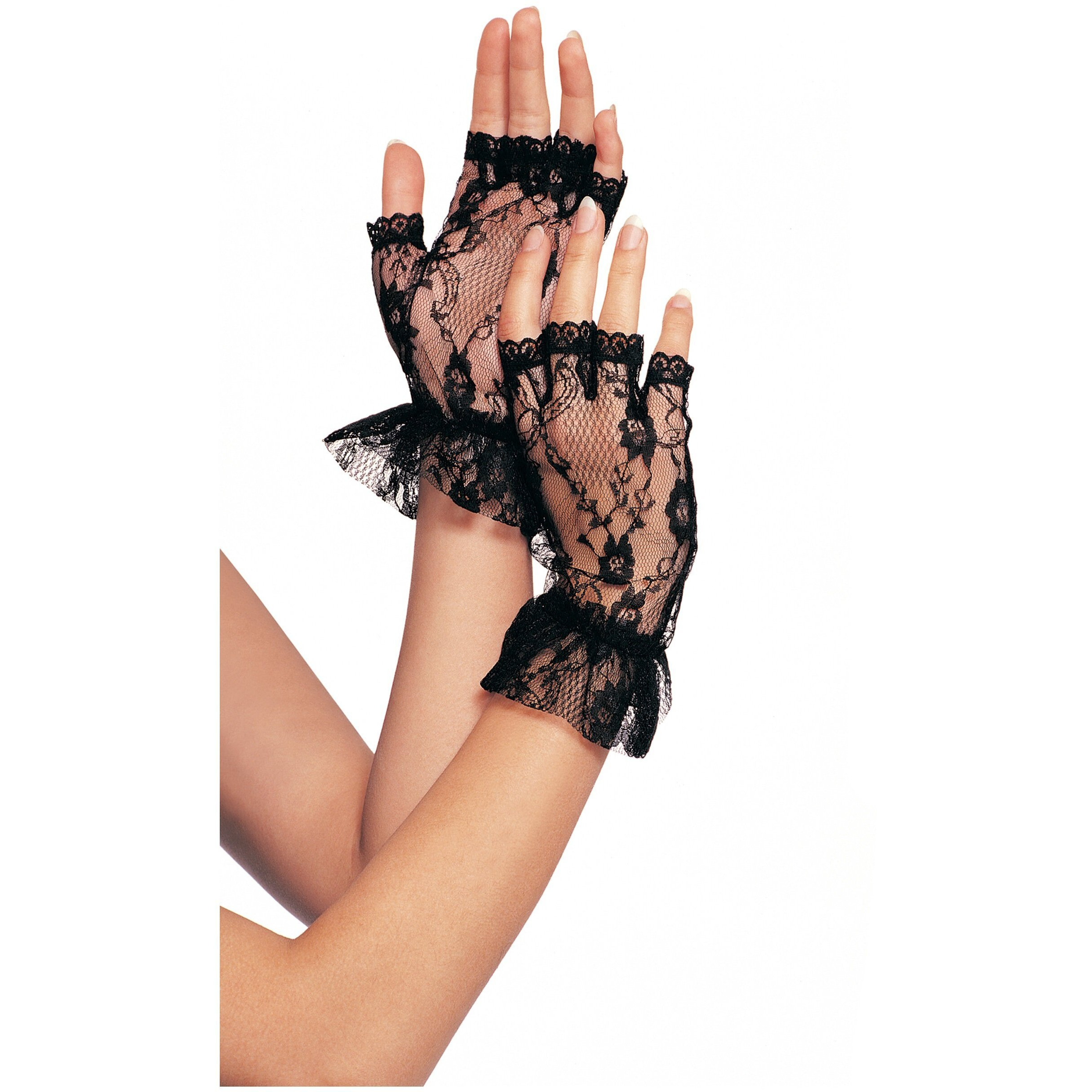 Leg Avenue Women's Lace Fingerless Wrist Ruffle Gloves, black, One Sizes Fits Most