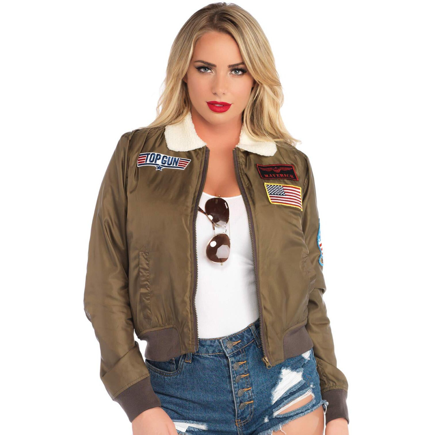 Leg Avenue Womens Top Gun nylon Bomber jacket with Interchangeable Name Badges - Flight Halloween for Adult Sized Costumes, Khaki, Small US