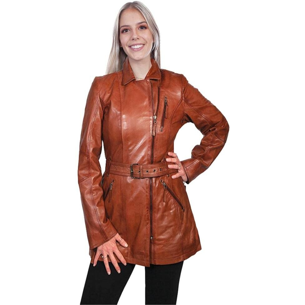 Scully Western Coat Womens Leather Belted Zipper XL Brown F0_L330