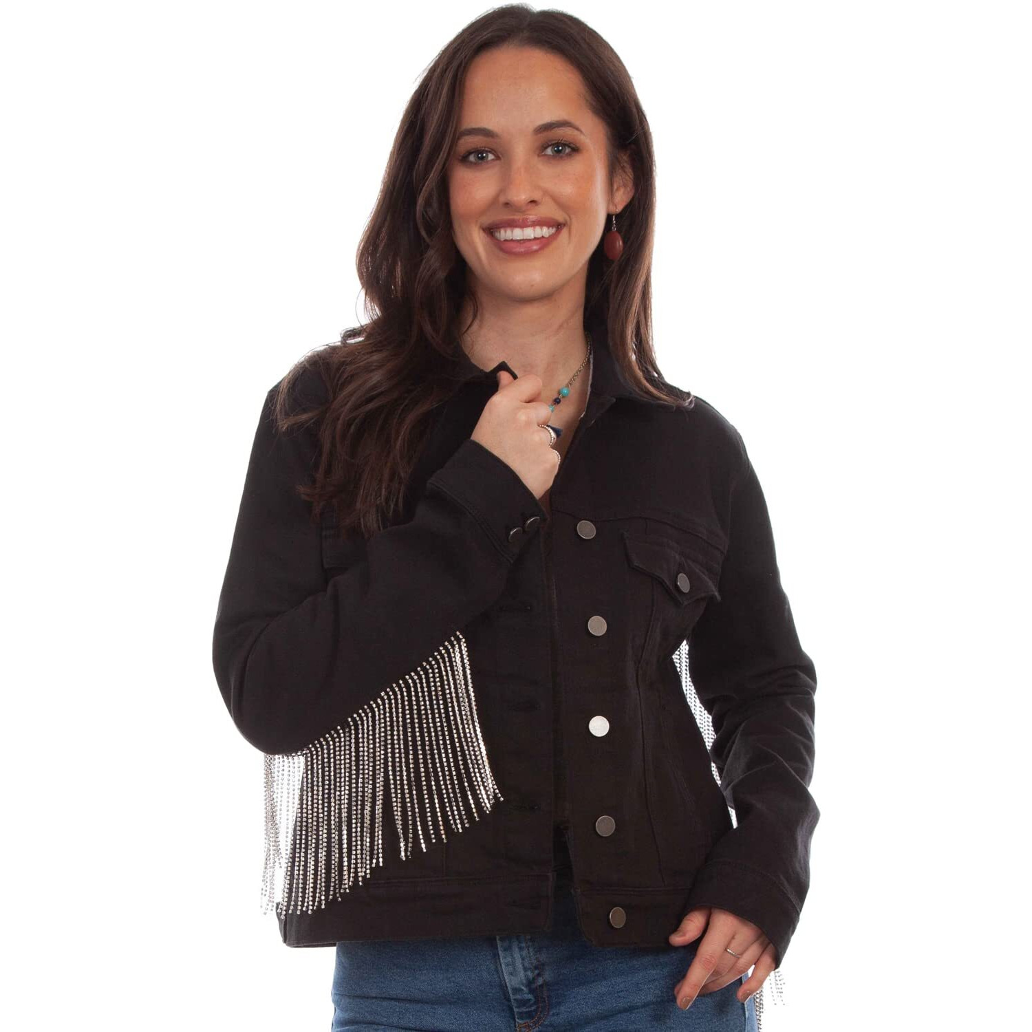 Scully Womens Black Cotton Blend Rhinestone Fringe Denim Jacket XS