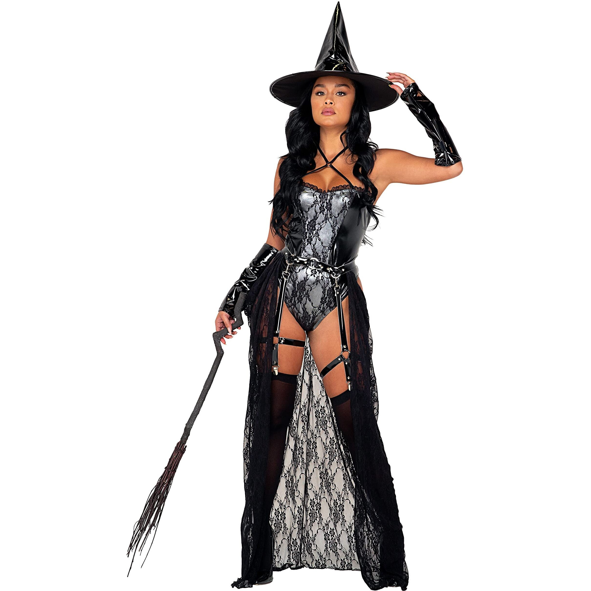 Adult Bewitching Beauty Costume | Womens Enchantress 3PC Vinyl & Lace Bodysuit, Studded Garter Style Belt with Witch Hat Small Black