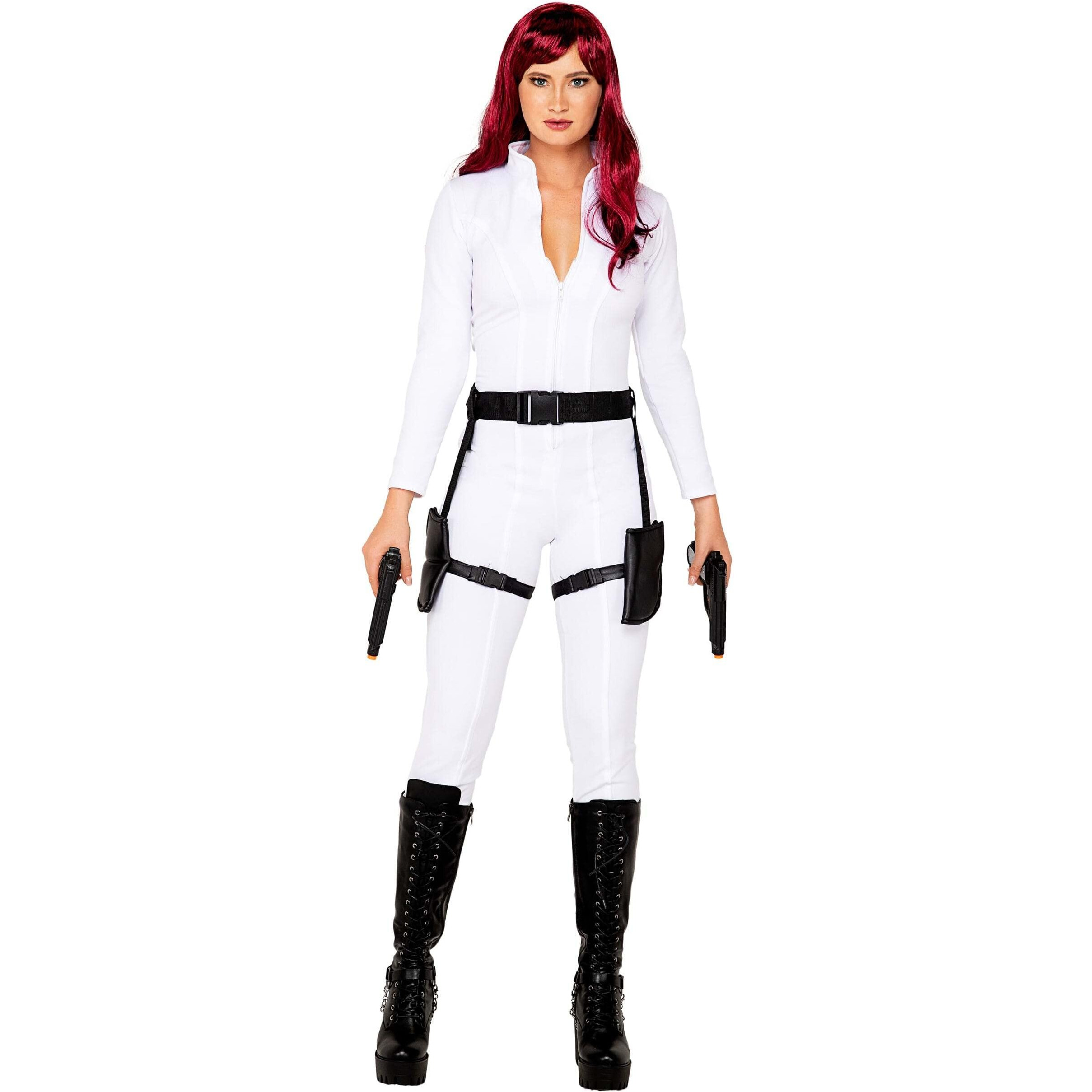 Adult White Ops Spy Costume | Women's Superhero Secret Agent Winter Operative Jumpsuit with Belt & Attached Holsters Small