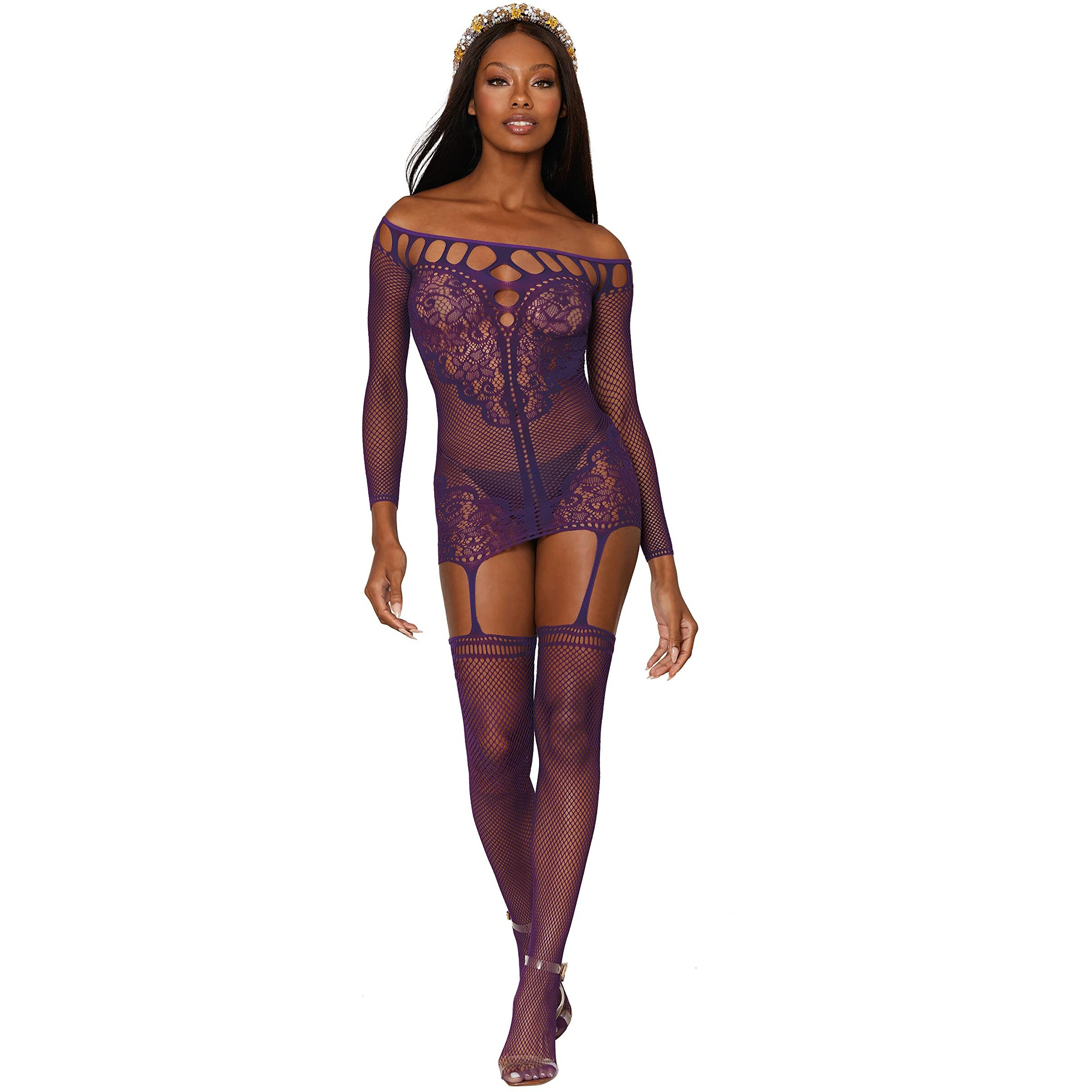 Dreamgirl Women's Fishnet & Decorative Scalloped Lace Garter Dress Hosiery Bodystocking w/Fishnet Stockings, Off Shoulder Neckline & Peek-A-Boo Details, One Size, 1PC, Aubergine